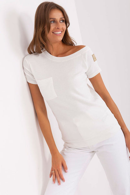 Luxury ribbed cotton blend blouse with an asymmetrical neckline and patch pocket, designed by Och Bella, showcasing elegant short sleeves and sophisticated texture.