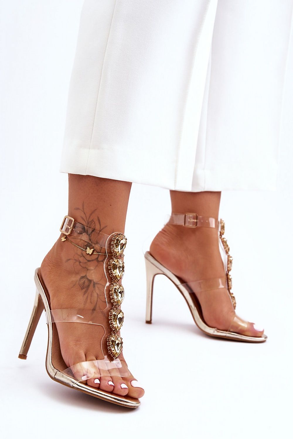 Elegant stiletto heel sandals by Step in Style, featuring luxurious rhinestone detailing and a comfortable natural leather insole, perfect for elevating any outfit.