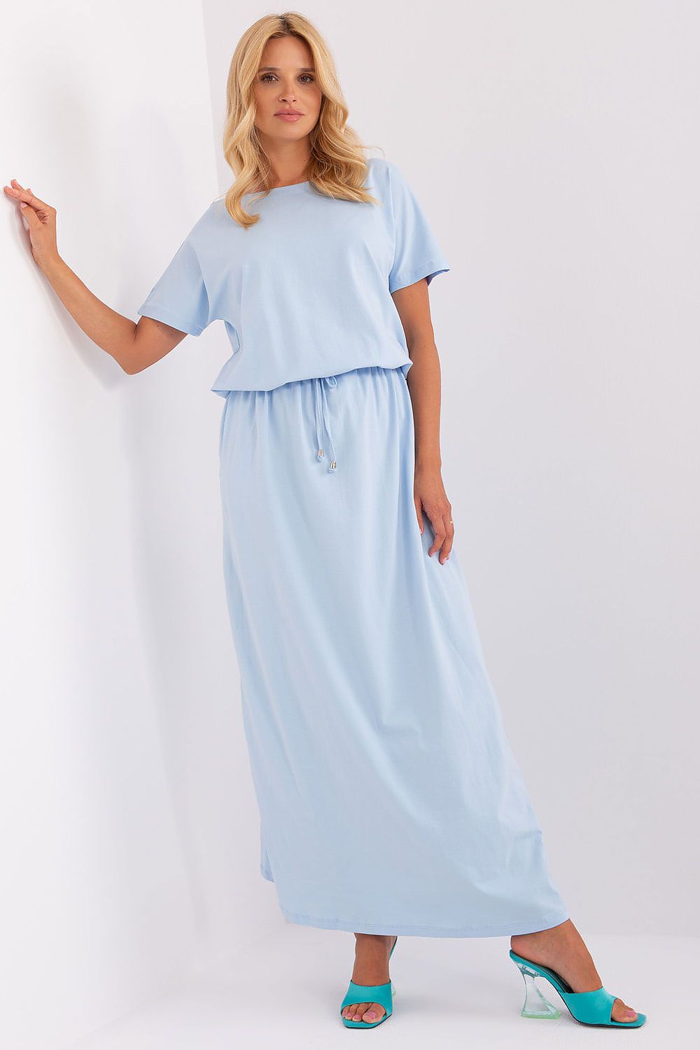 Elegant summer daydress by Relevance, showcasing a beautiful design with short sleeves, waist tie, and slip pockets, crafted from 90% cotton.