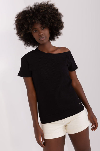 Elegant fitted short sleeve blouse by Relevance, showcasing a luxurious ribbed cotton and spandex blend design in EU size 0.