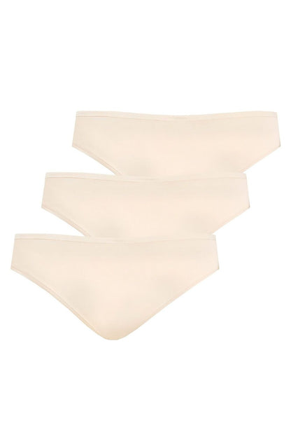 Teyli Classic Bamboo Thongs 3-Pack in Beige, showcasing luxurious comfort with a classic cut, invisible under clothing. Available in sizes XS to XXL.