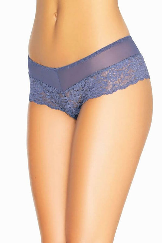 Elegant navy blue Brazilian style panties by Teyli featuring floral lace design and cotton lining, perfect for a luxurious touch to your lingerie collection.