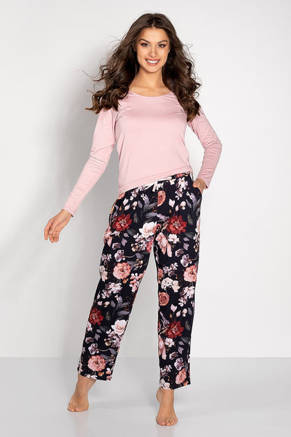 Luxury cotton and viscose women's pyjama set with long sleeve blouse and elastic waist pants by Momenti Per Me, showcasing a sophisticated design and high-quality materials.