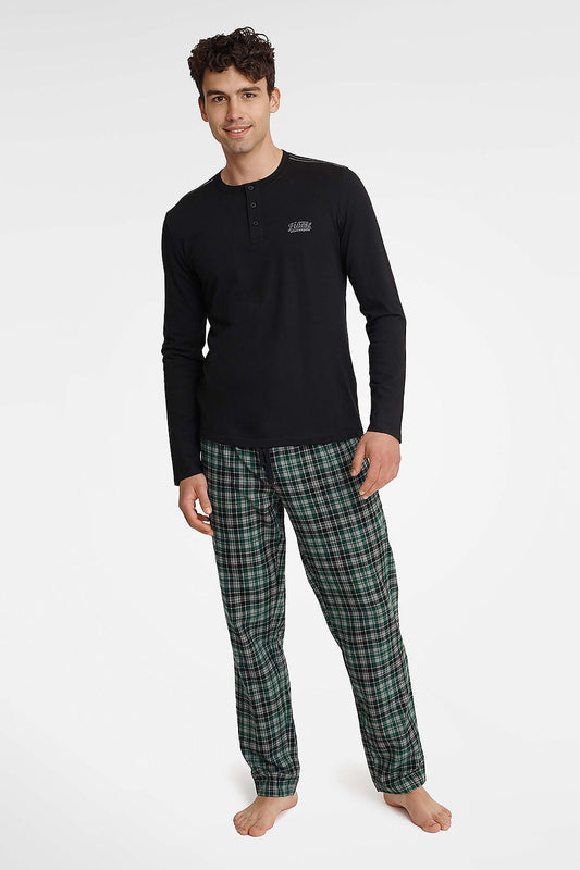 Luxurious Henderson Men's Cotton Pyjamas Set showcasing a stylish long sleeve tee and elegant printed pants, perfect for comfort and style, available in multiple sizes.