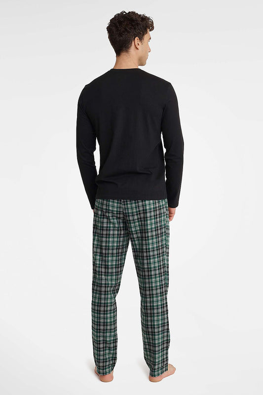 Luxurious Henderson Men's Cotton Pyjamas Set featuring long sleeve Tee and elegant printed pants in rich colours.