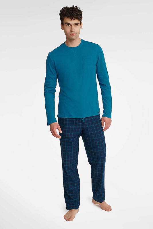 Luxury Henderson Men's Cotton Pyjamas Set featuring a stylish long sleeve T-shirt and elegantly printed pants, perfect for comfort and sophistication.