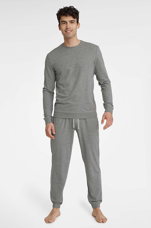 Luxury Henderson men's pajamas set featuring a stylish cotton rich T-shirt and elegant long pants with pockets, perfect for a sophisticated lounge look.