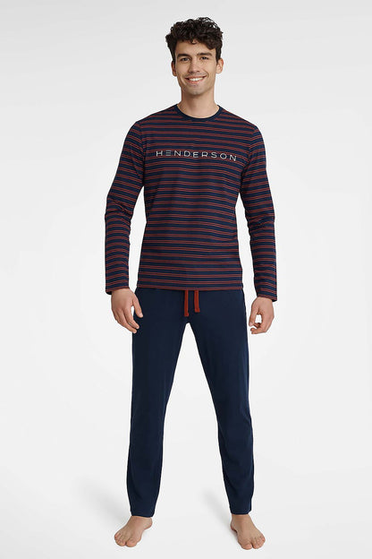 Henderson Men’s Luxury Cotton Pajamas Set featuring a stylish striped long sleeve T-shirt and comfortable elastic waist pants, perfect for a sophisticated night in.