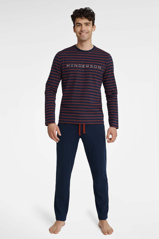 Henderson Men’s Luxury Cotton Pajamas Set featuring a stylish striped long sleeve T-shirt and comfortable elastic waist pants, perfect for a sophisticated night in.