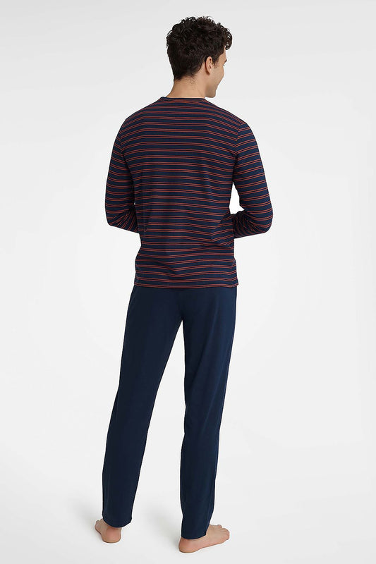 Detail view of Henderson Men’s Luxury Cotton Pajamas, showcasing the breathable cotton fabric and elegant design of the striped shirt and pants set.