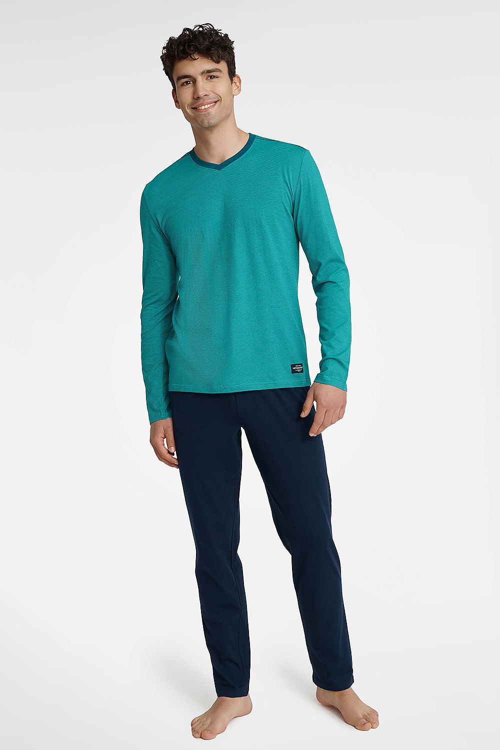 Elegant men's luxury cotton pajamas set by Henderson featuring a long sleeve V-neck T-shirt and comfortable elastic waist pants, designed for ultimate relaxation and style.