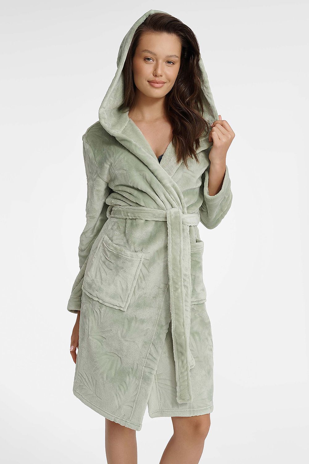 Luxurious Henderson Women’s Quilted Bathrobe in soft polyester, featuring a stylish hood, convenient pockets, and a sleek waist tie, perfect for achieving comfort and elegance at home.