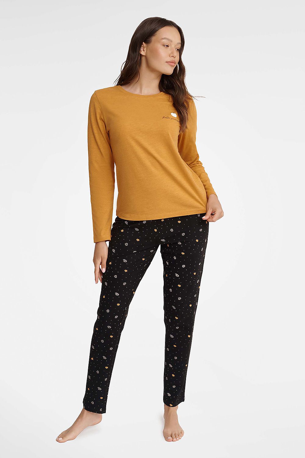 Luxury mustard long sleeve pajama set by Henderson, featuring a stylish blouse and comfortable cotton blend pants, perfect for elegant lounging.
