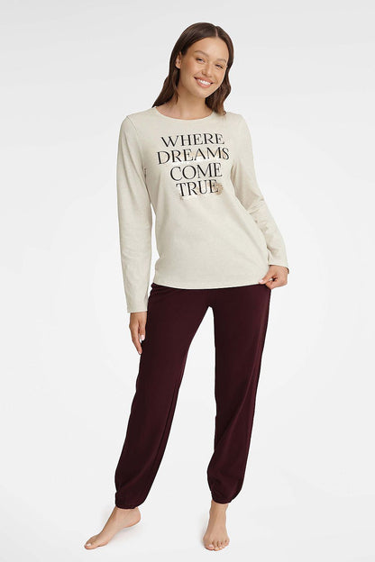 Henderson Women's Luxury Cotton Pyjama Set in Beige featuring a long sleeve blouse and loose pants, crafted for elegance and comfort, available in sizes S to XL.