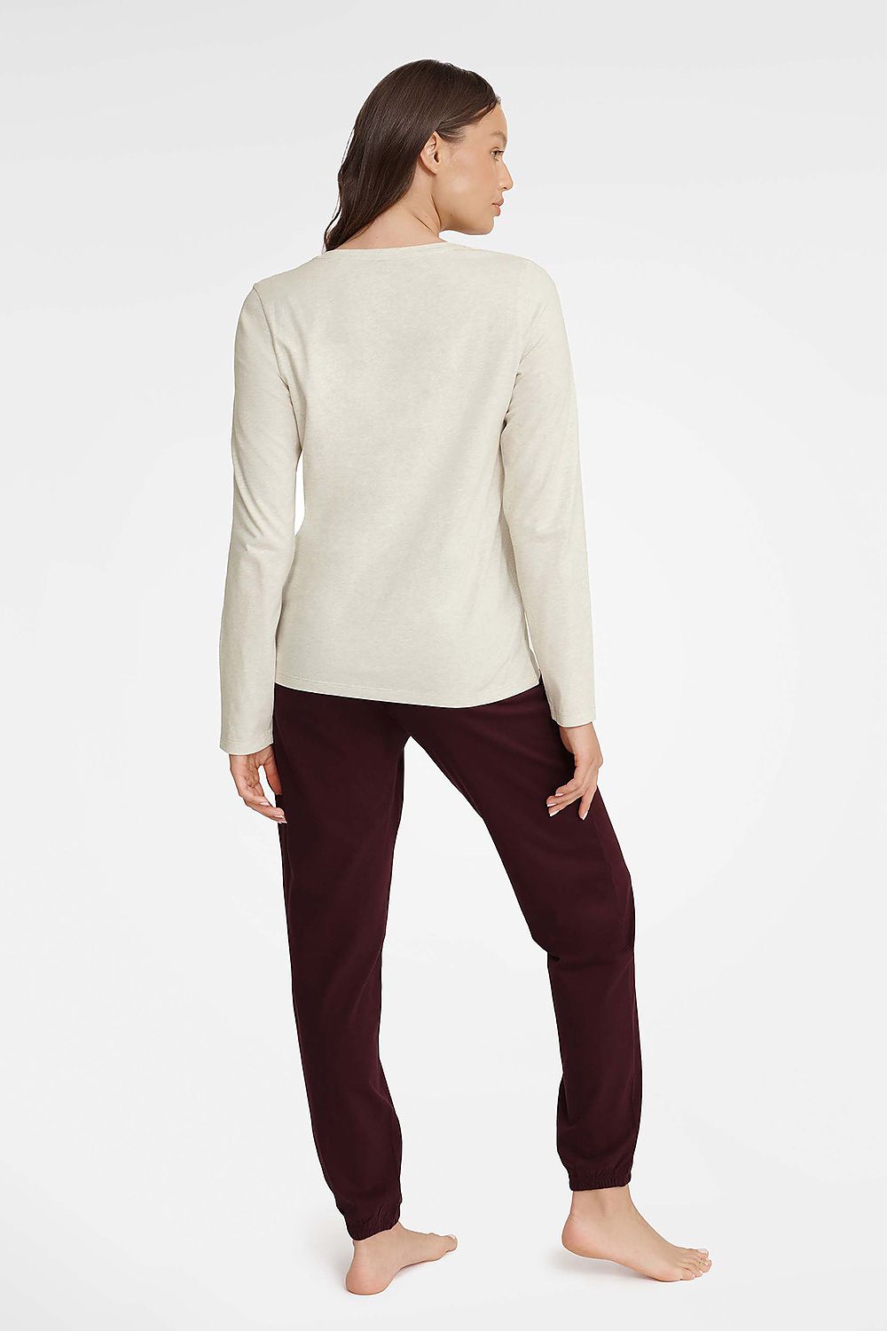 Henderson Women's Luxury Cotton Pyjama Set, featuring a beige long sleeve blouse and loose pants, elegantly styled for comfort and sophistication, available in sizes S to XL.