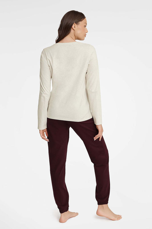 Henderson Women's Luxury Cotton Pyjama Set, featuring a beige long sleeve blouse and loose pants, elegantly styled for comfort and sophistication, available in sizes S to XL.