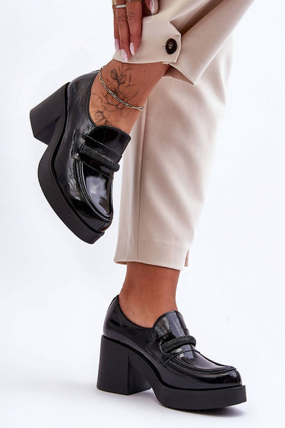 Luxury women's heeled half shoes by Step in Style, made of natural leather with a padded footbed for comfort, showcasing a stylish wide heel and an elegant shiny ornament.