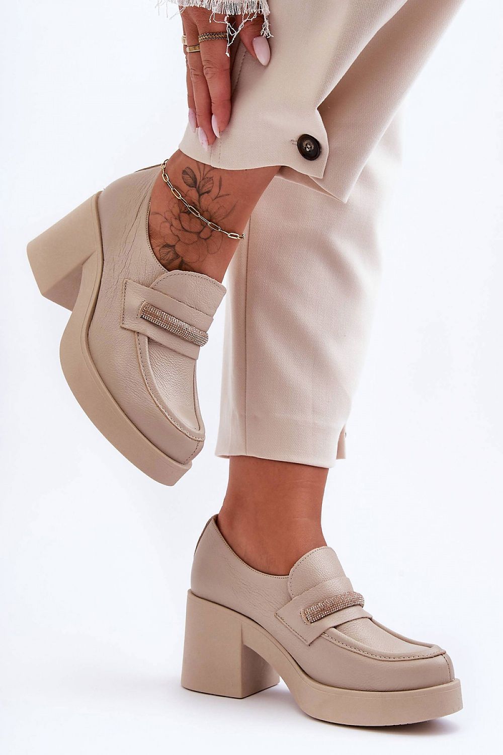 Stylish wide heel women's half shoes by Step in Style, made of premium natural leather, featuring a luxurious padded interior and a beautifully shiny decorative ornament.