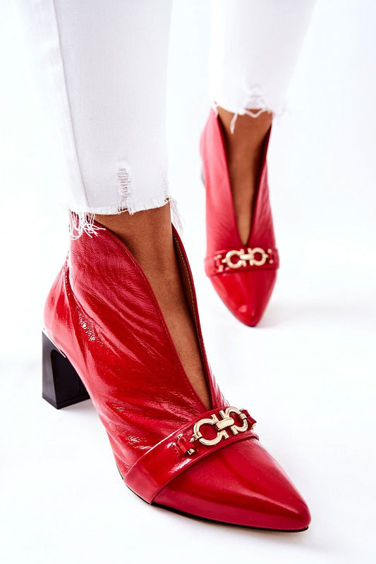 Close-up of Maciejka high-quality natural leather heel boots by Step in Style, showcasing elegant craftsmanship and a stylish decorative front element.