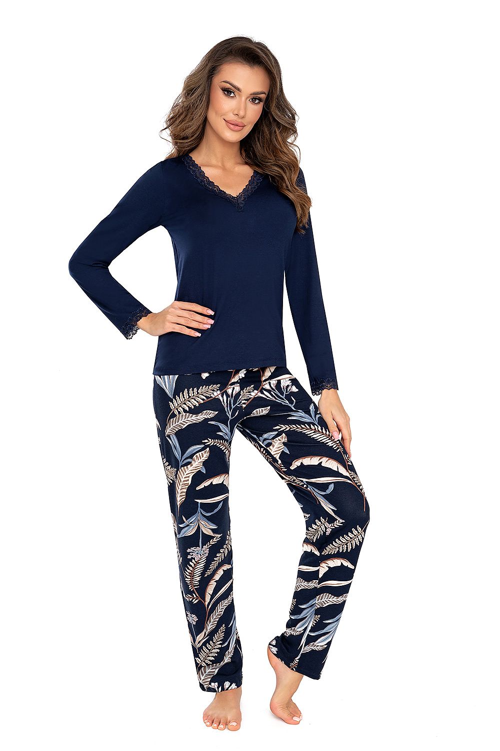 Luxury navy blue blouse of Helen pajamas for women by Donna, featuring a delicate lace-trimmed neckline and long sleeves, perfect for autumn nights.