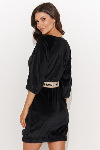 Elegant Mini Dress with Belt by Numinou, featuring velour knit fabric, 3/4 sleeves, and round neckline design, perfect for romantic dinners and special occasions.