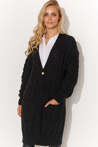 Luxurious long-sleeve women's cardigan sweater by Makadamia, designed with a unique plaid pattern and refined gold button accent.