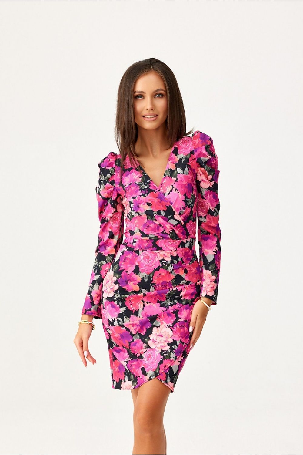 Elegant convertible daydress with buff sleeves by Roco Fashion, featuring delicate slimming creases and a layered envelope neckline, perfect for sophisticated evening attire.