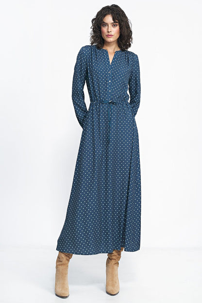 Elegant long dress with peas print by Nife, exuding luxury and feminine charm, ideal for office, play, and dinner occasions.