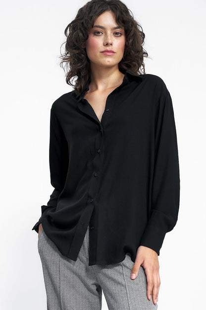 Luxury Nife 100% viscose long sleeve blouse with collar in elegant muted shades, perfect for chic office styling.