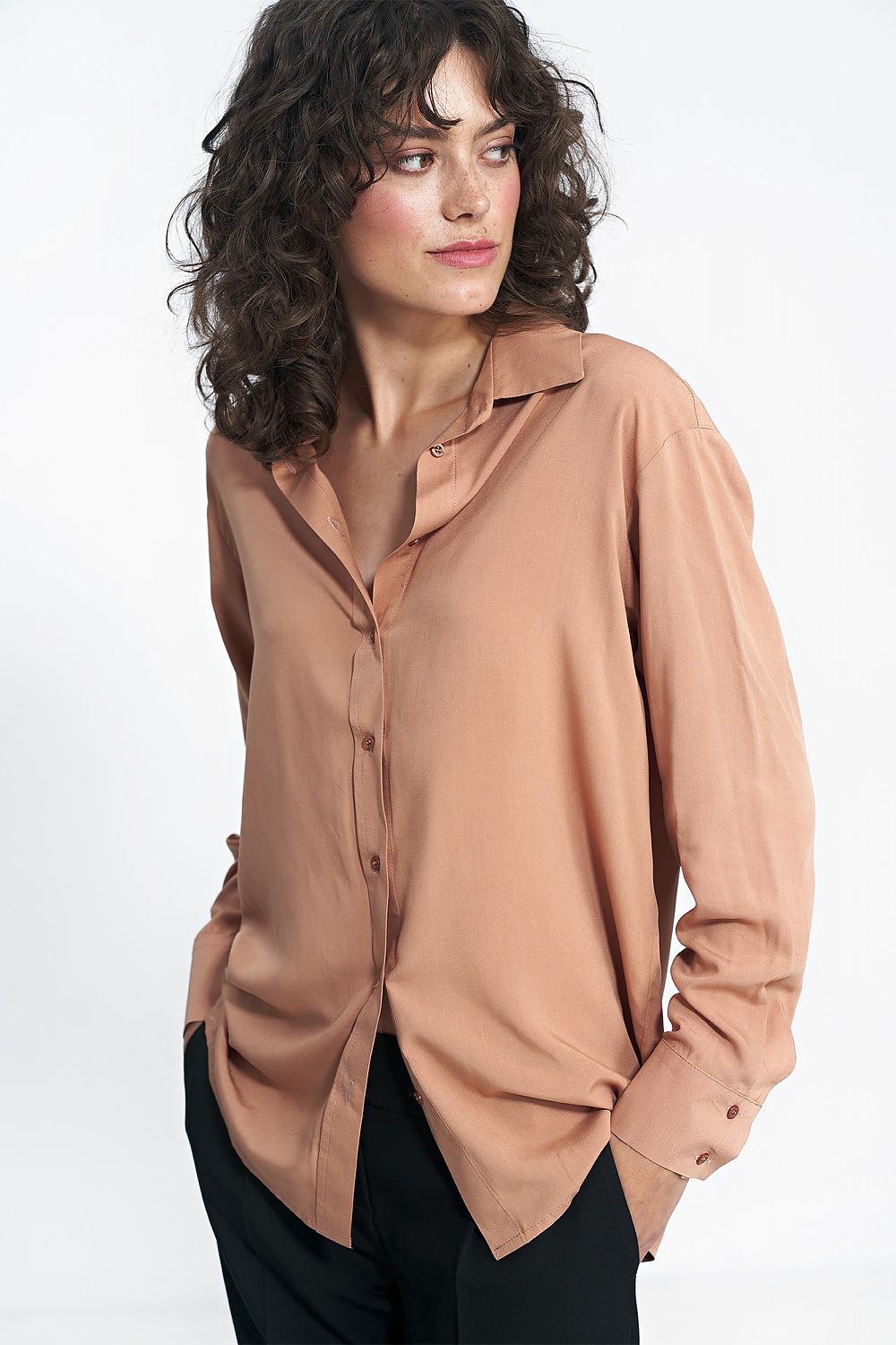 Nife Luxury Long Sleeve Blouse in Elegant Muted Shades, highlighting 100% viscose fabric and modern collar design.