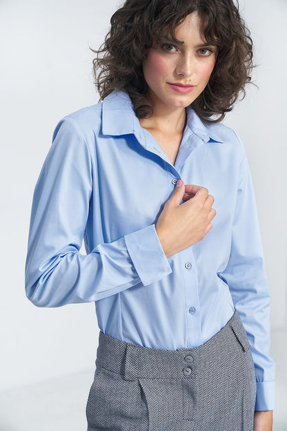 Elegant blue long sleeve shirt with collar by Nife crafted from a luxurious cotton-polyester blend, perfect for stylish business wear.