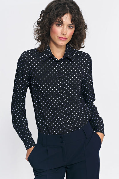 Elegant long sleeve viscose pea shirt by Nife featuring a delicate collar, black and white pattern, ideal for sophisticated fall fashion.