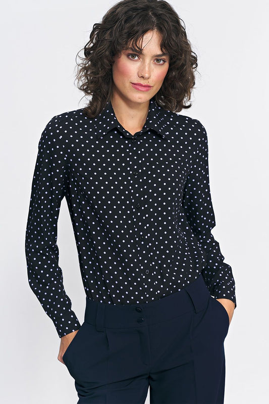 Elegant long sleeve viscose pea shirt by Nife featuring a delicate collar, black and white pattern, ideal for sophisticated fall fashion.