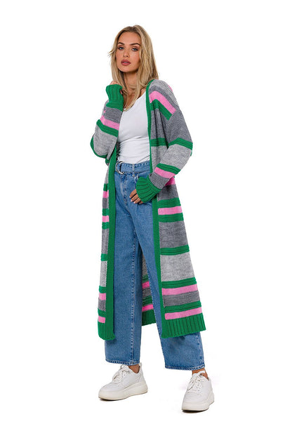 Detail image of Moe's Colourful Long Cardigan, emphasizing luxurious long sleeves and intricate texture, designed in Poland.