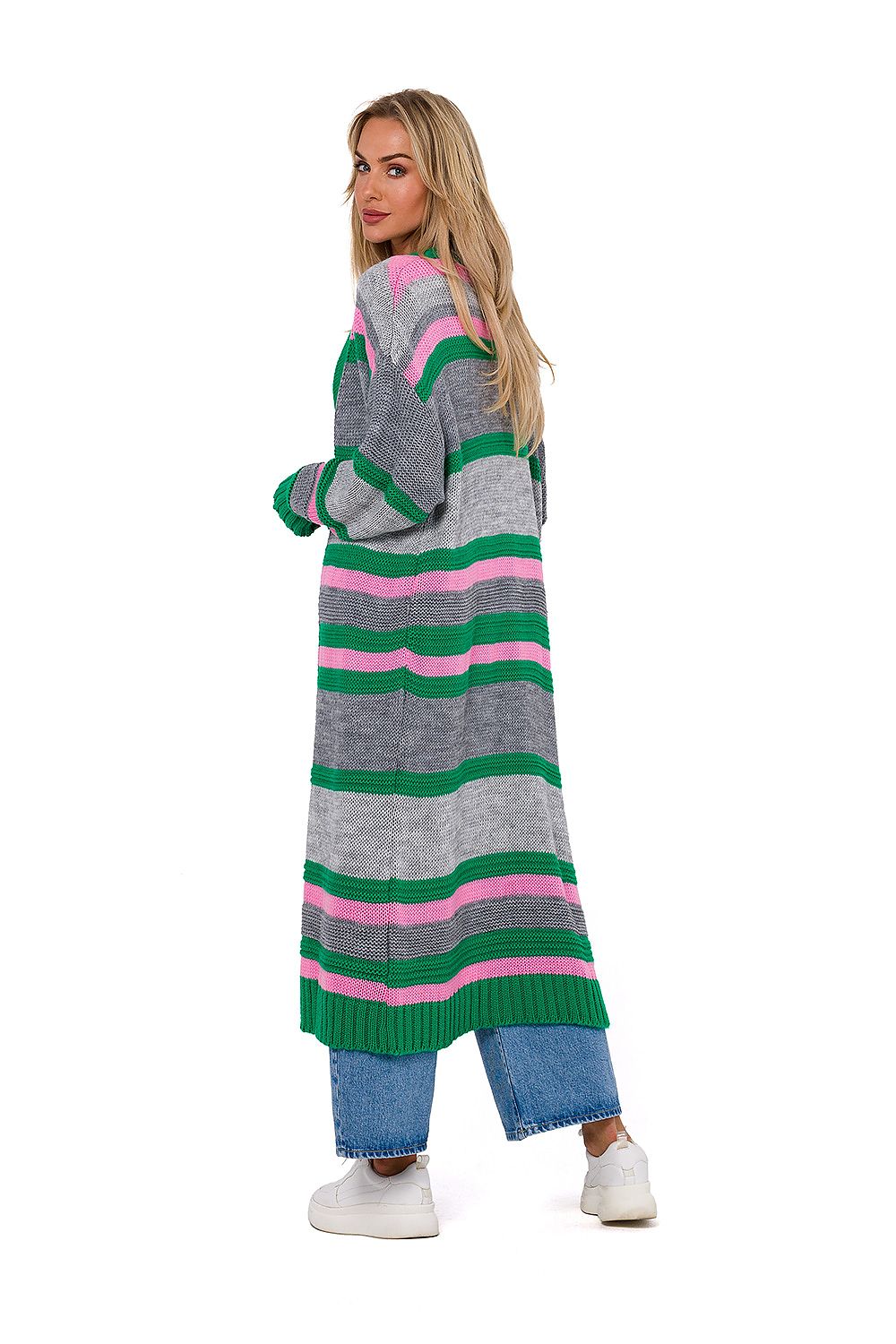 Chic styling of Moe Colourful Long Cardigan, illustrating its stunning length and vibrant colours, meticulously crafted in Poland.