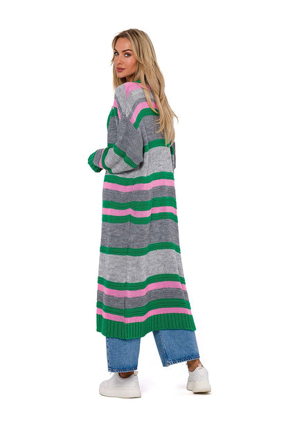 Chic styling of Moe Colourful Long Cardigan, illustrating its stunning length and vibrant colours, meticulously crafted in Poland.