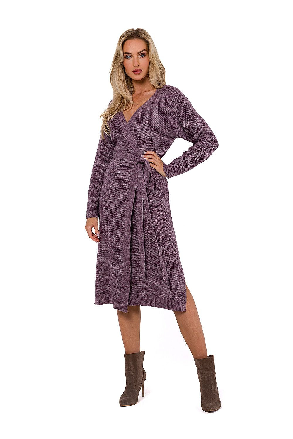 Chic luxury sweater dress by Moe featuring a tie waist and envelope front in a stylish weave, showcasing elegance and comfort.