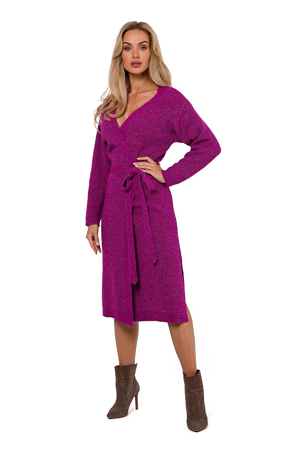Elegant long sleeve sweater dress by Moe, designed for style and comfort with a sophisticated tie waist and fashionable envelope front.