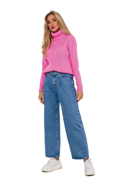 Women's turtleneck sweater in ribbed yarn by Moe displayed elegantly, emphasising its luxurious comfort and modern style.