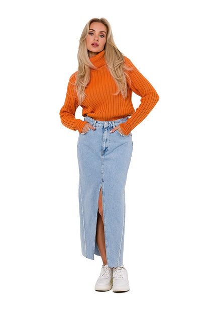 Full view of the women's turtleneck sweater by Moe, displayed elegantly on a model, illustrating its sophisticated fit and luxurious fabric.