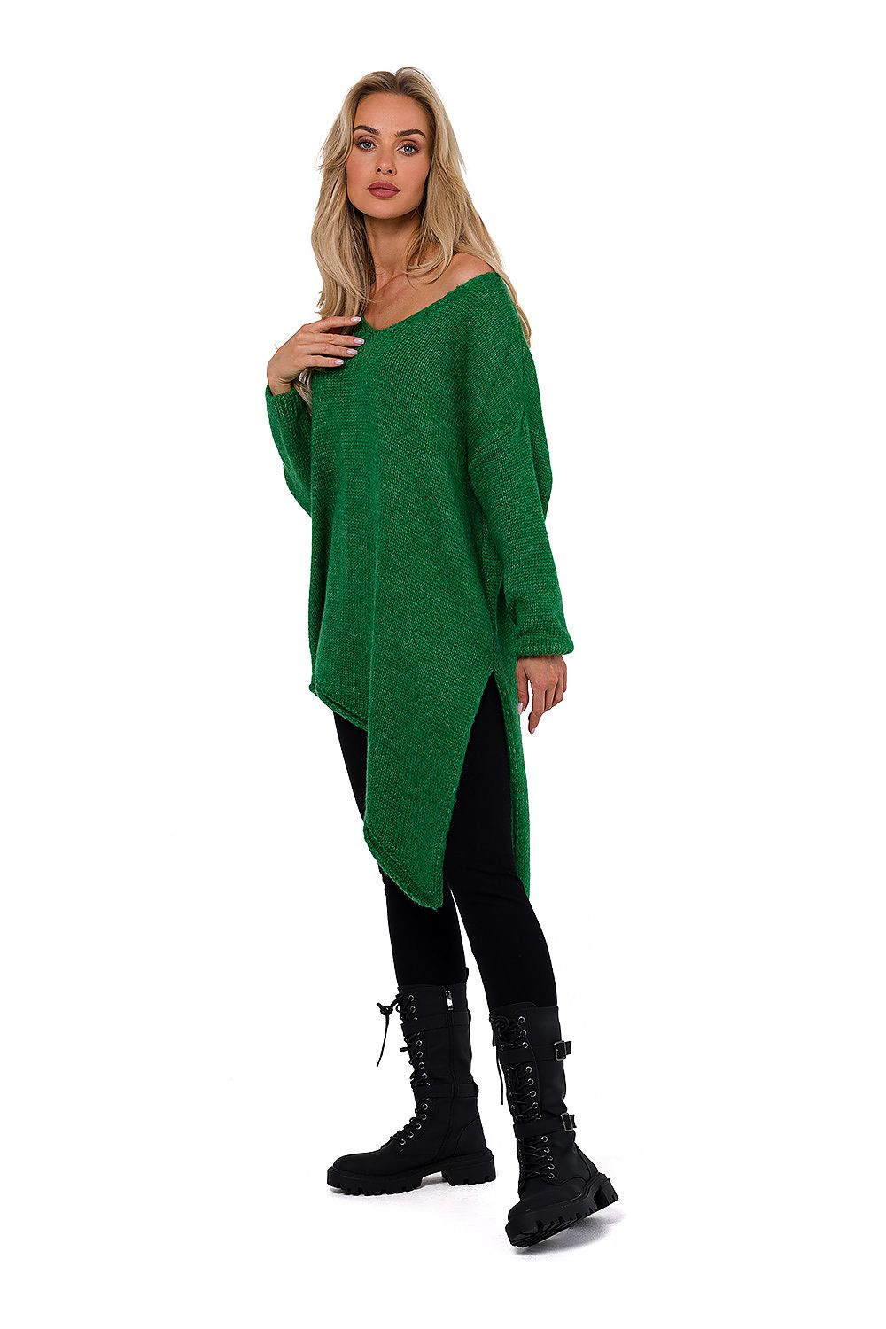 Luxury women's asymmetrical V-neck sweater with side slit by Moe, showcasing a unique design crafted in Poland.