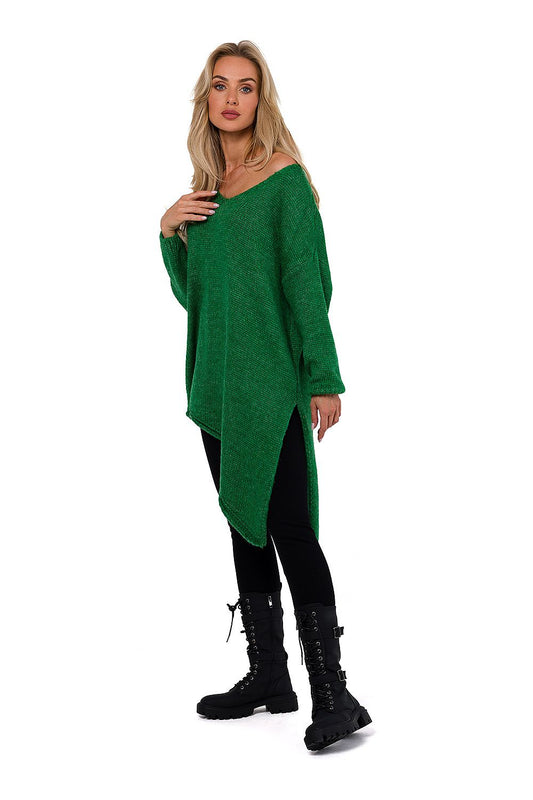 Luxury women's asymmetrical V-neck sweater with side slit by Moe, showcasing a unique design crafted in Poland.