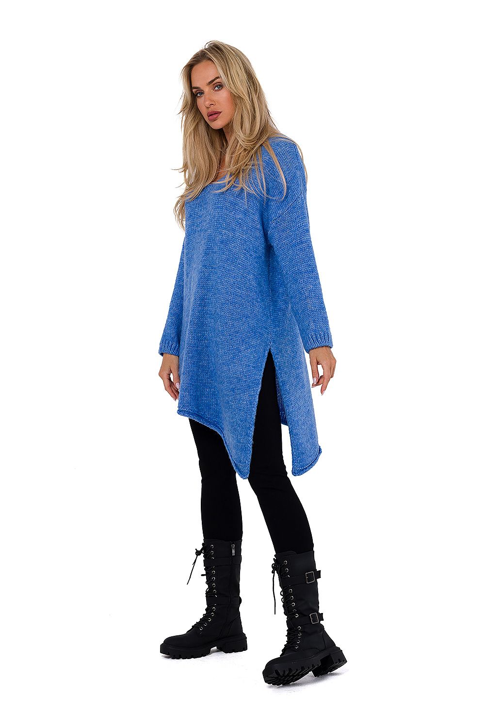 Side view of the Luxury Women's Asymmetrical V-Neck Sweater by Moe, featuring a stylish side slit and luxurious craftsmanship from Poland.