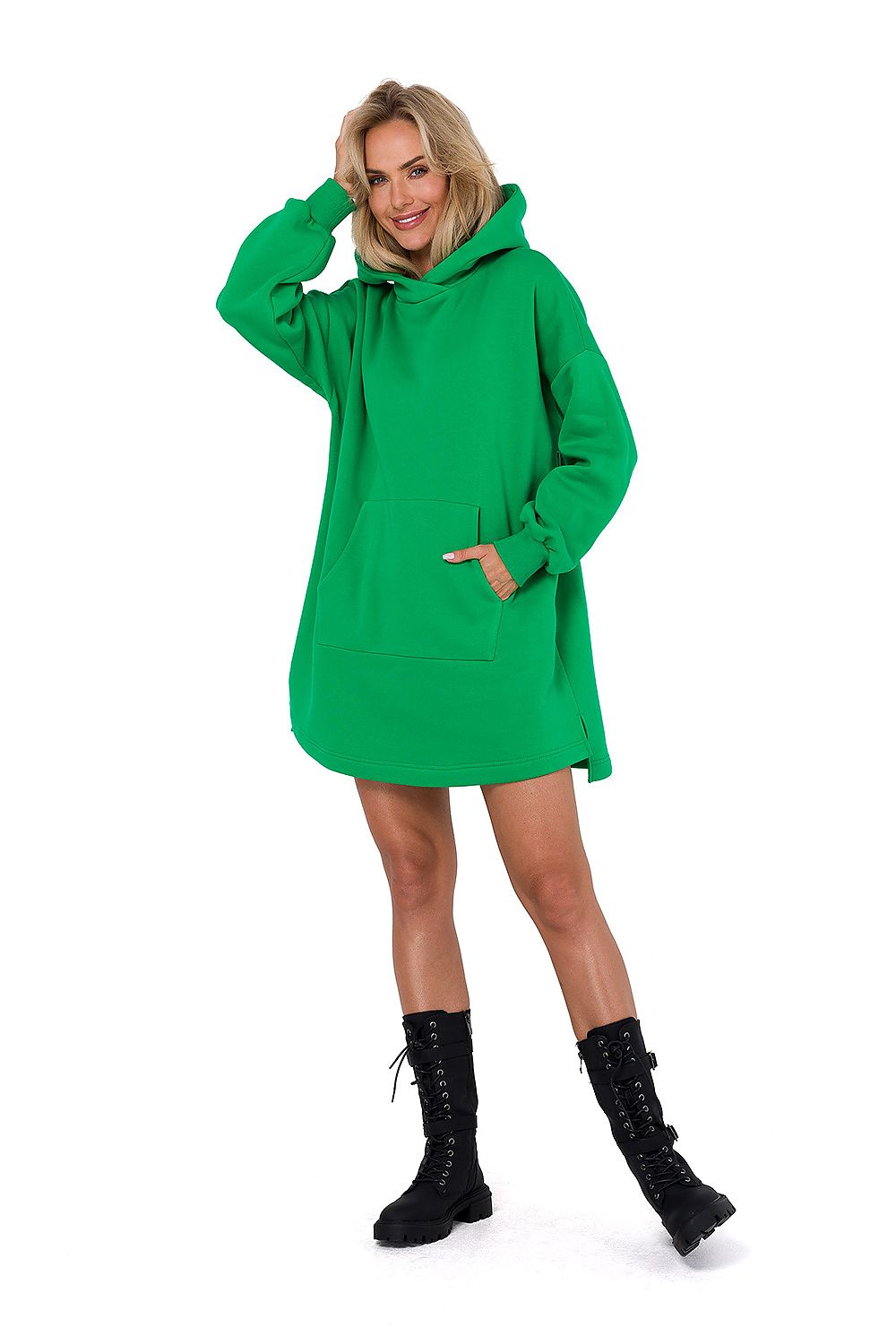 Elegantly styled Moe Women's Knit Daydress featuring a sophisticated hood, long sleeves, and a practical kangaroo pocket, designed for comfort and chic appeal.
