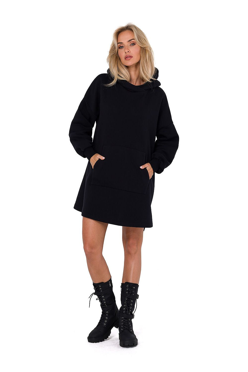 Moe Women's Knit Daydress with Hood, featuring long sleeves and a kangaroo pocket, elegantly designed with side slits for enhanced comfort and style, perfect for sophisticated daytime looks.