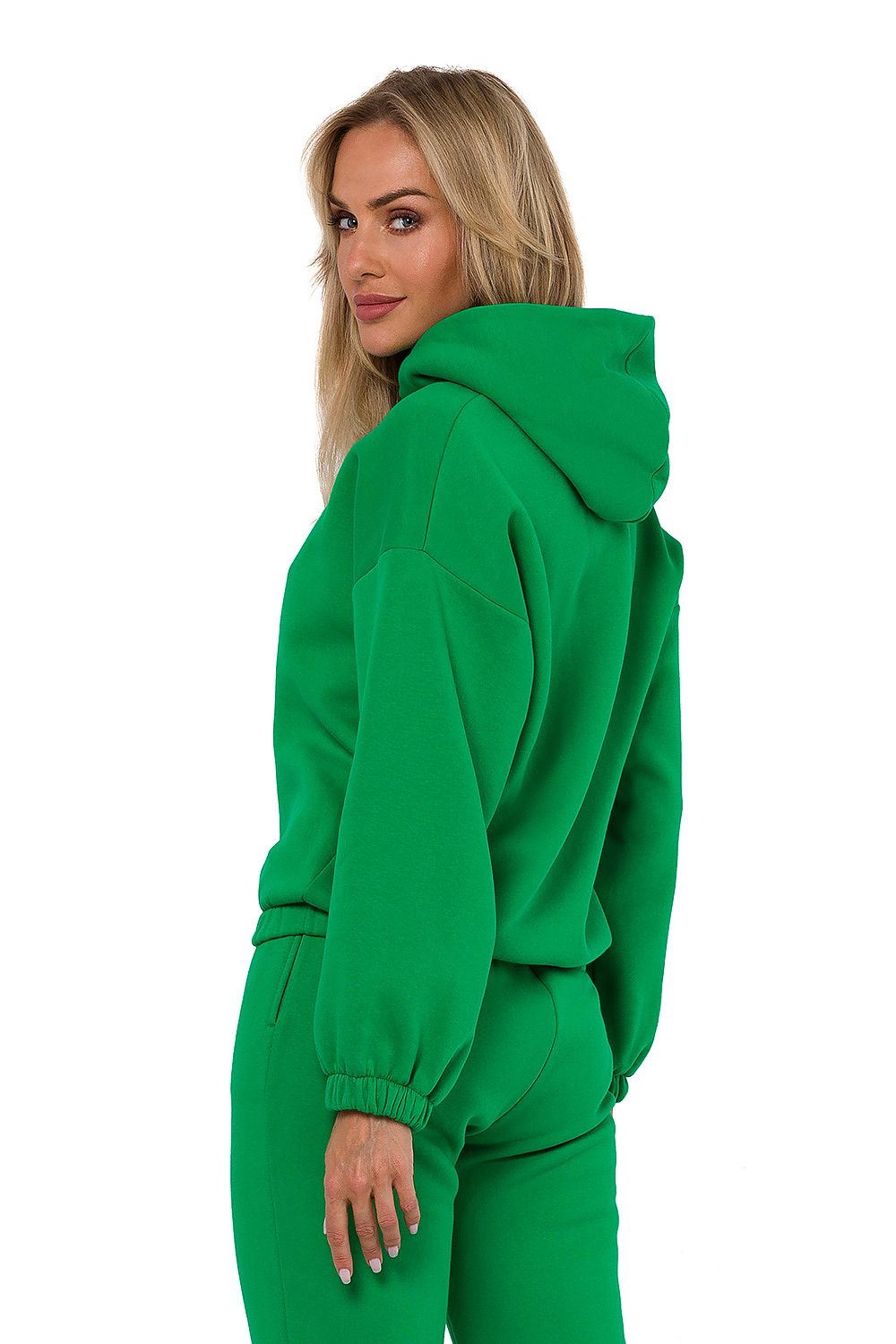 Close-up view of decorative stitching on Moe's luxury women's hooded sweatshirt, showcasing exquisite craftsmanship.