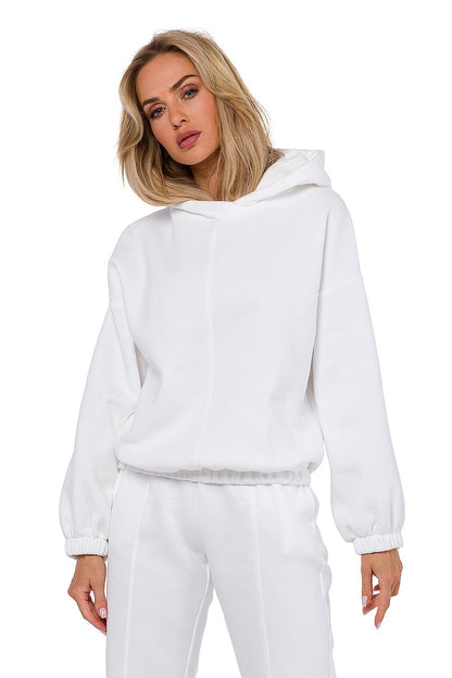 Luxury women's hooded sweatshirt by Moe showcasing decorative stitching, available in EU sizes S to 3XL.