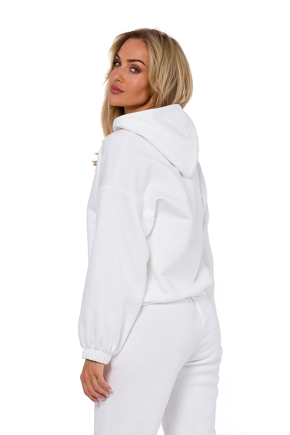 Detail view of decorative stitching on Moe's luxury women's hooded sweatshirt, crafted for style and durability.