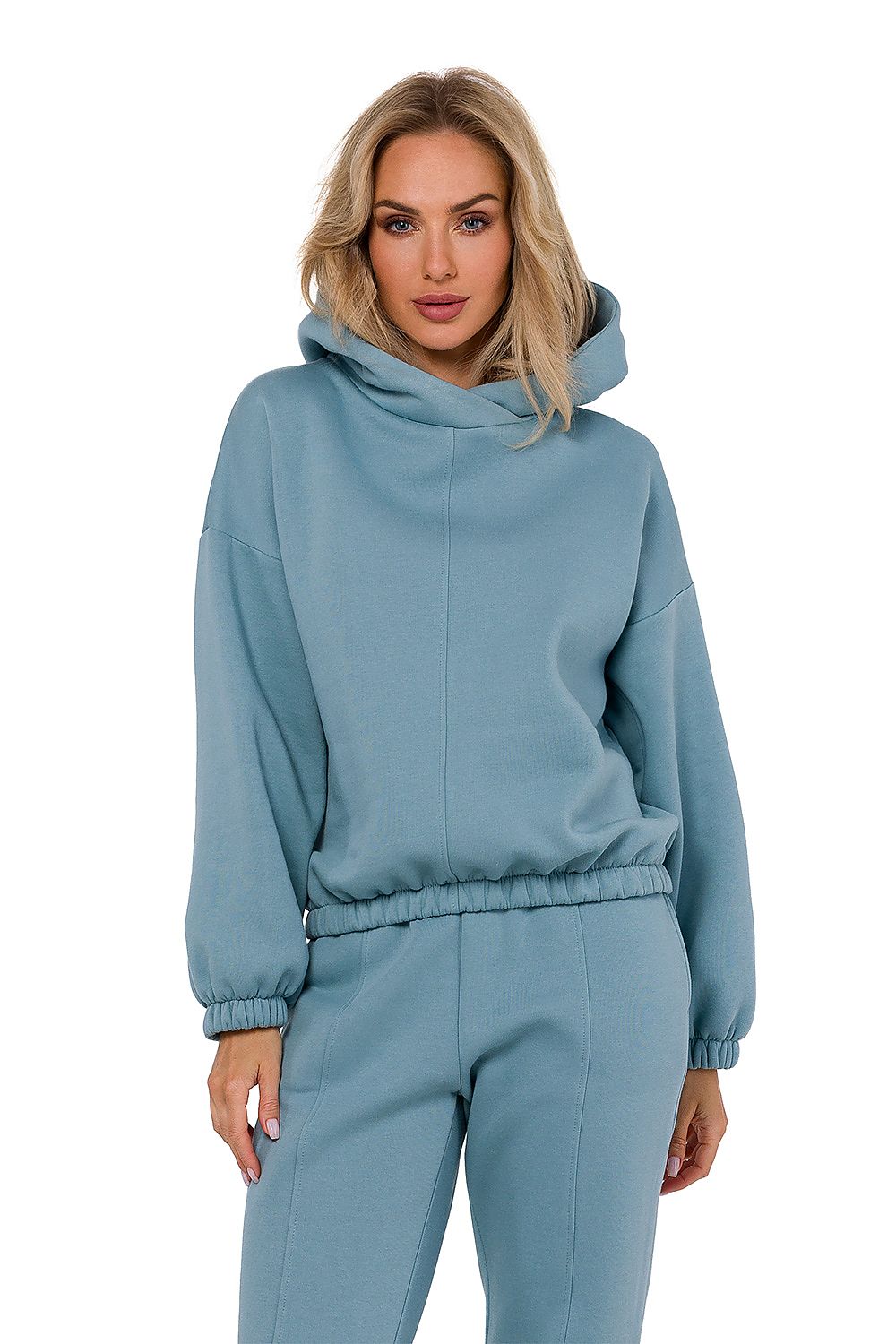 Elegant women's sweatshirt by Moe made from 90% cotton and 10% polyester, featuring a stylish hood and refined decorative stitching.