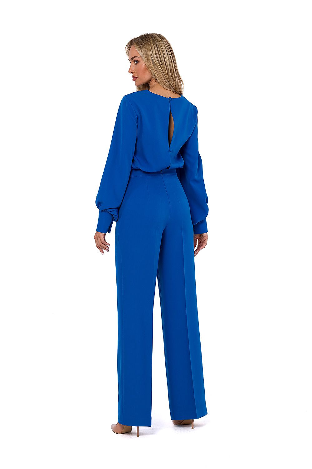 Stylish and well-fitted women's jumpsuit with long buff sleeves and a chic halter neckline, crafted by Moe in Poland.